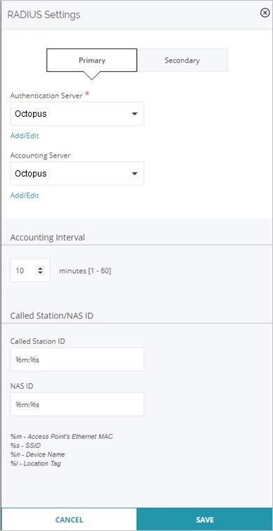 Add SSID Profile - Captive Portal - RADIUS Settings page in Wi-Fi Cloud Discover